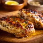 Delicious garlic butter baked chicken breast on a plate garnished with herbs