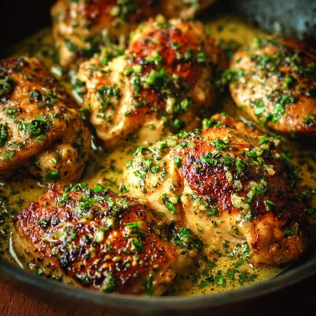 Sizzling Garlic Butter Chicken garnished with herbs on a plate