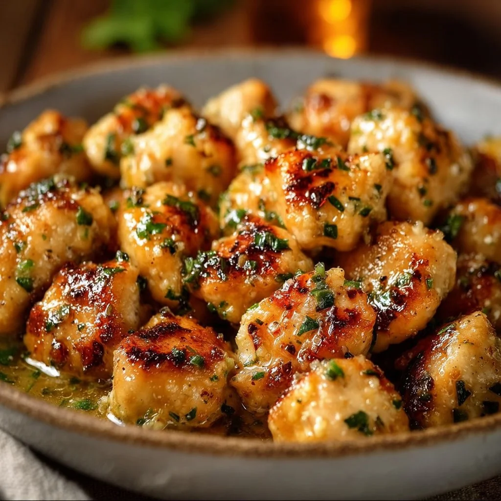Delicious Garlic Butter Chicken Bites served in a skillet