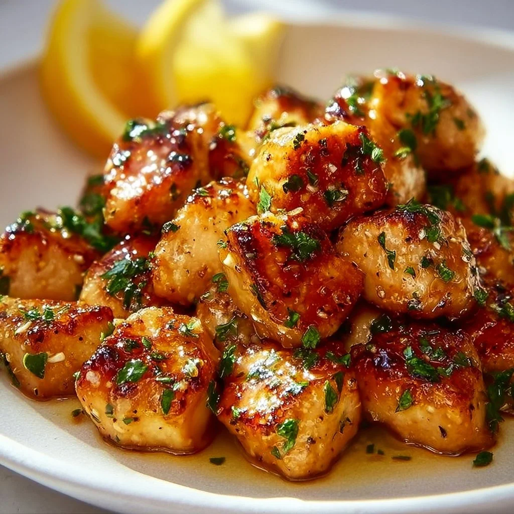 Delicious Garlic Butter Chicken Bites served on a plate.