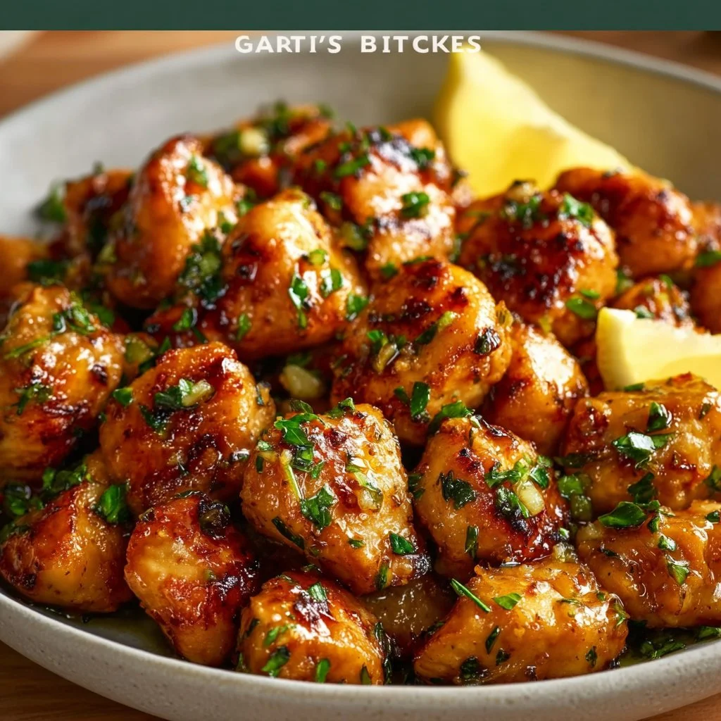 Delicious garlic butter chicken bites served on a plate with herbs