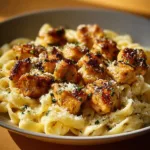 Garlic Butter Chicken Bites served with creamy Parmesan pasta