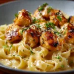 Delicious Garlic Butter Chicken Bites served with creamy Parmesan pasta
