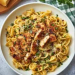 Delicious Garlic Butter Chicken Pasta served in a bowl with herbs and cheese