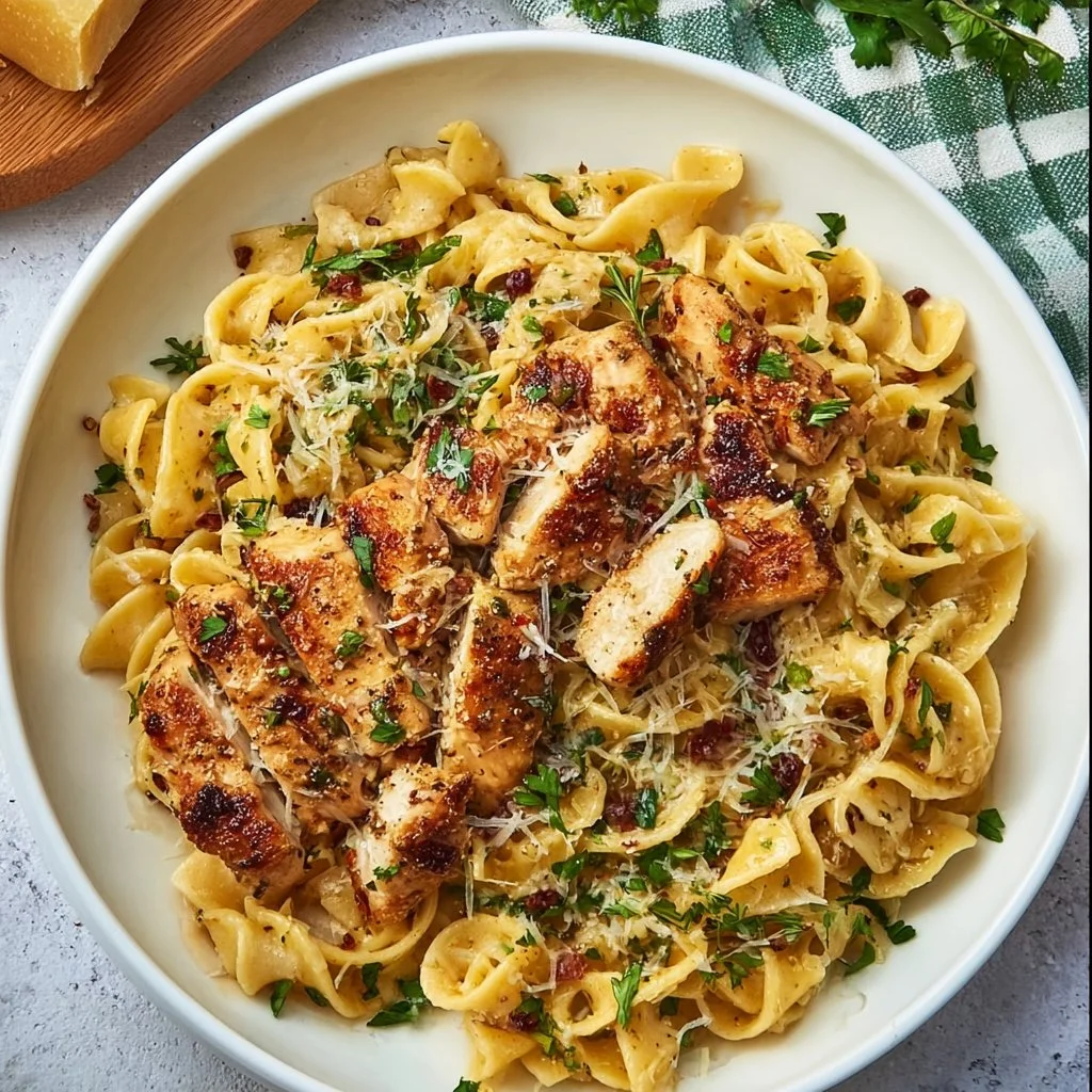 Delicious Garlic Butter Chicken Pasta served in a bowl with herbs and cheese