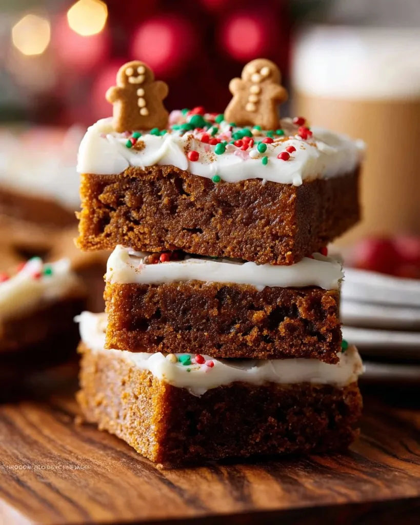 Gingerbread cookie bars with spiced cream cheese frosting on a plate