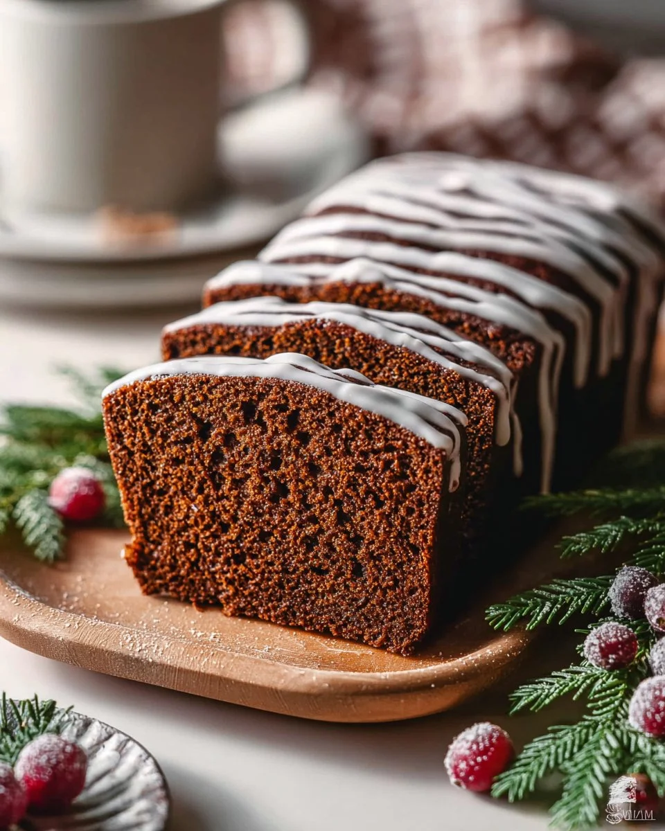 Delicious gingerbread loaf topped with orange icing, perfect for holiday gatherings.