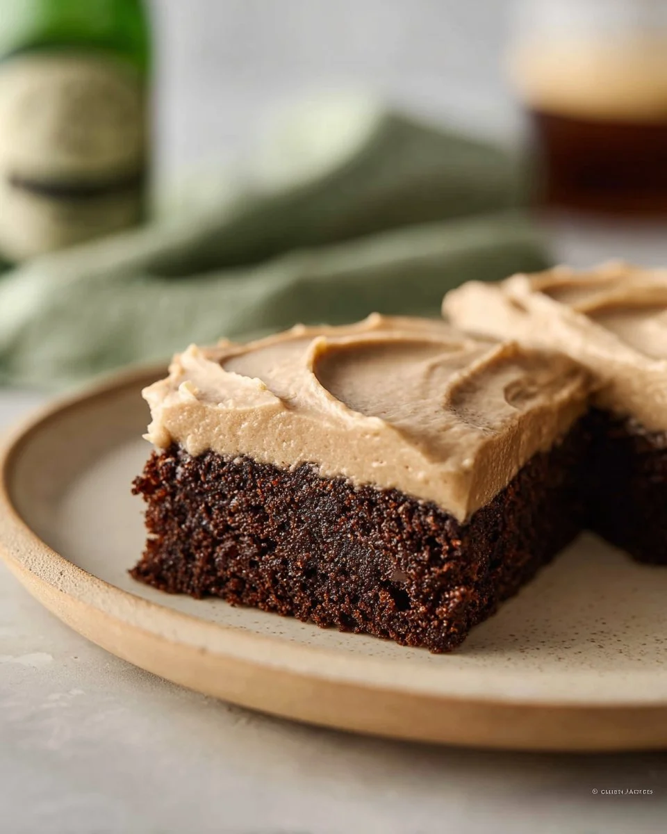 Delicious homemade Guinness brownies topped with creamy frosting