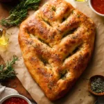 Homemade fougasse fresh from the oven, showcasing its unique texture and herbs.