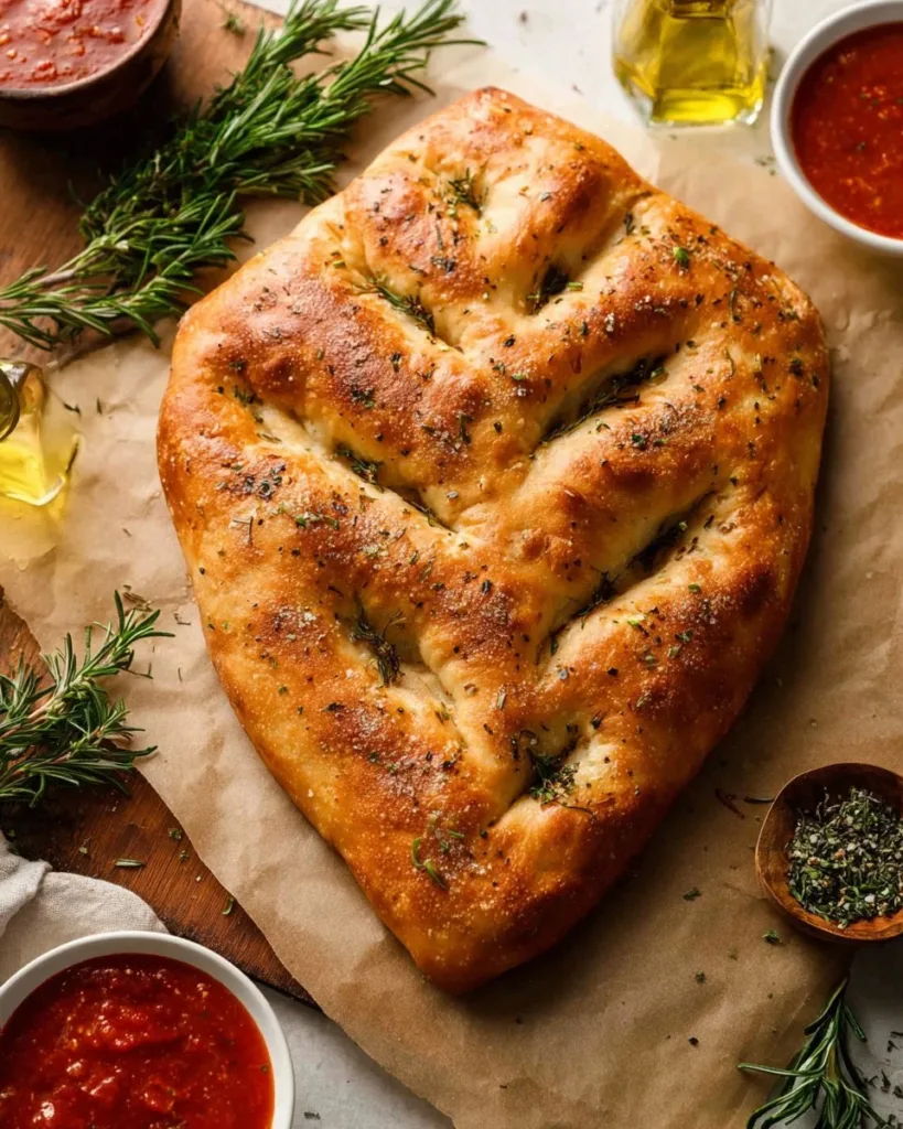 Homemade fougasse fresh from the oven, showcasing its unique texture and herbs.