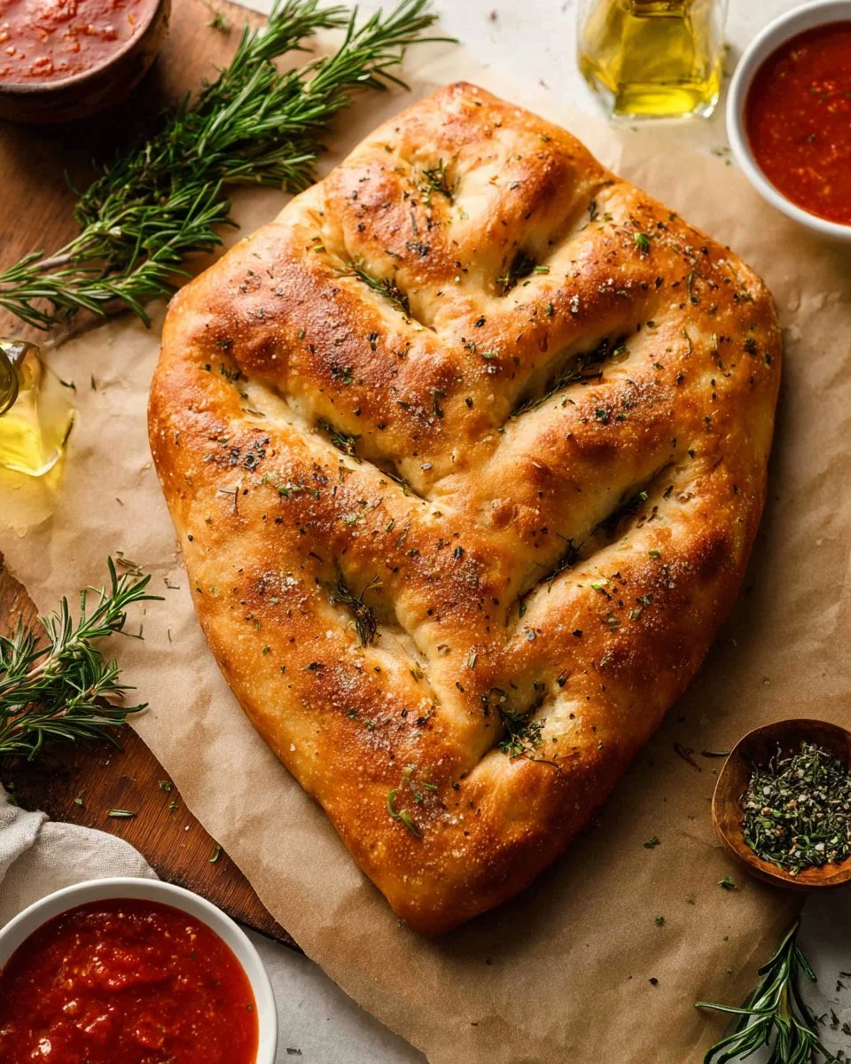 Homemade fougasse fresh from the oven, showcasing its unique texture and herbs.