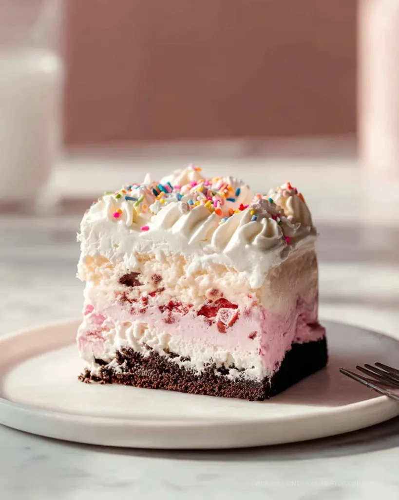Ice cream cake with Oreo crust on a decorative plate