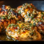 Juicy garlic butter chicken served with herbs and vegetables on a plate