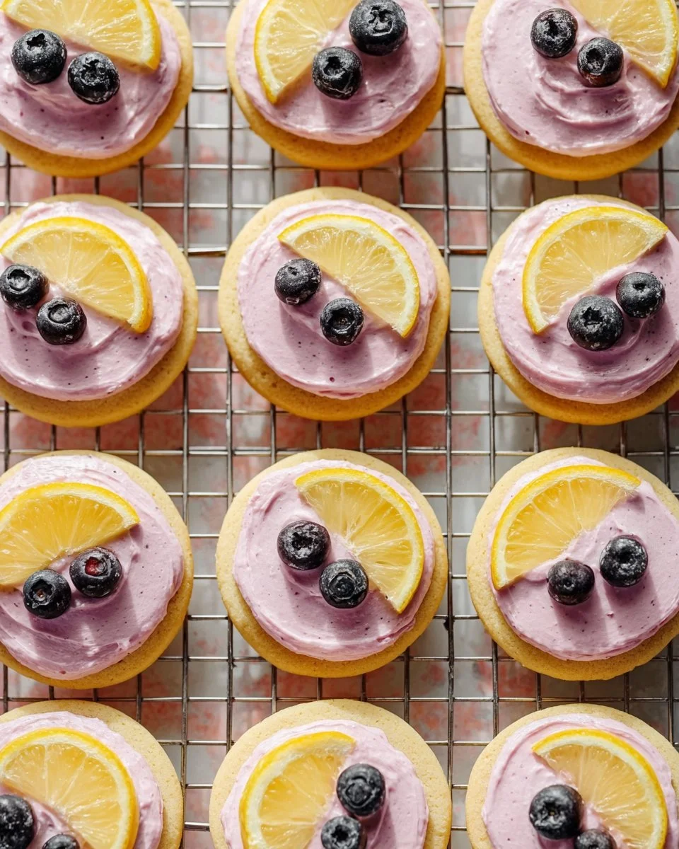 Lemon cookies with vibrant blueberry frosting on a white plate