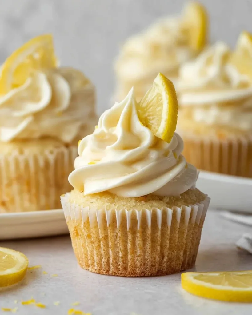 Deliciously moist lemon cupcakes topped with creamy lemon frosting.