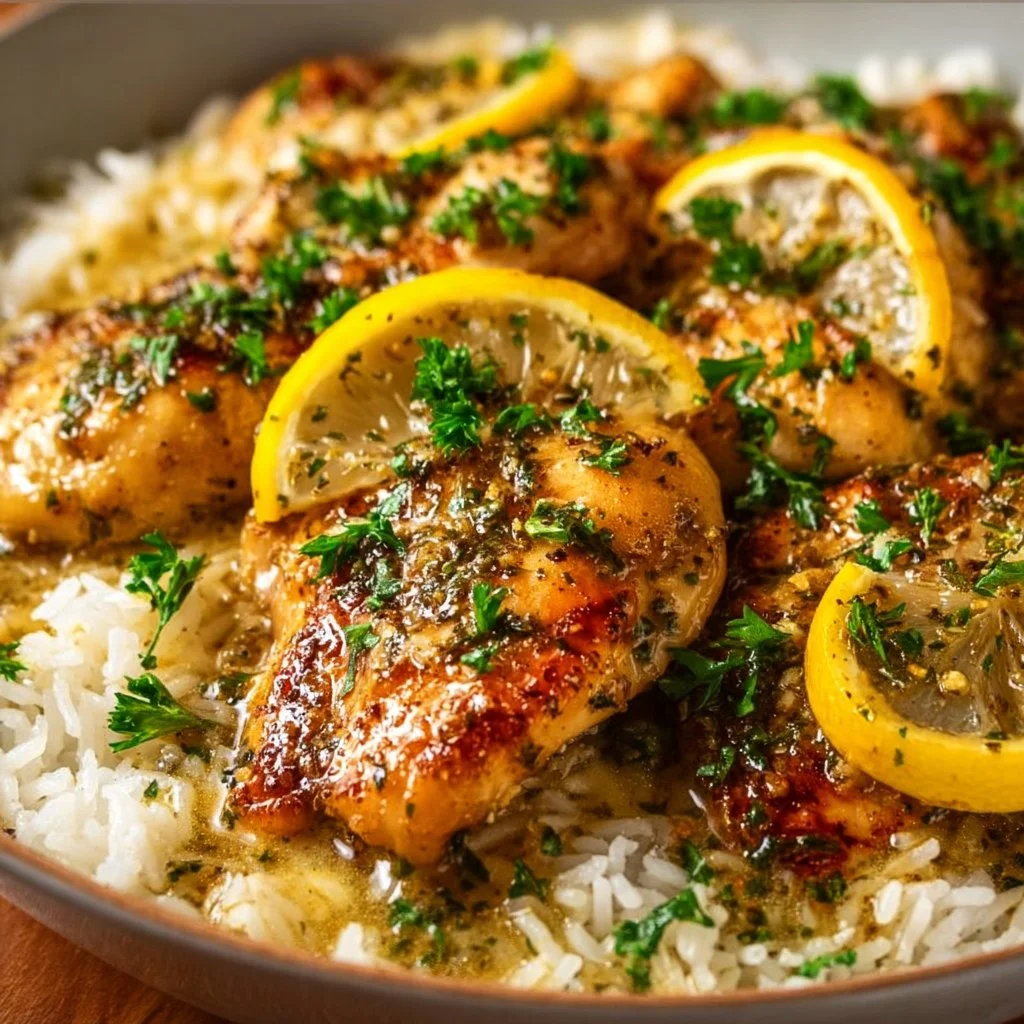 Lemon Garlic Butter Chicken Breasts served with garnishes