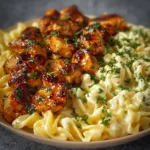 Delicious Lemon Garlic Butter Chicken served with creamy Parmesan pasta