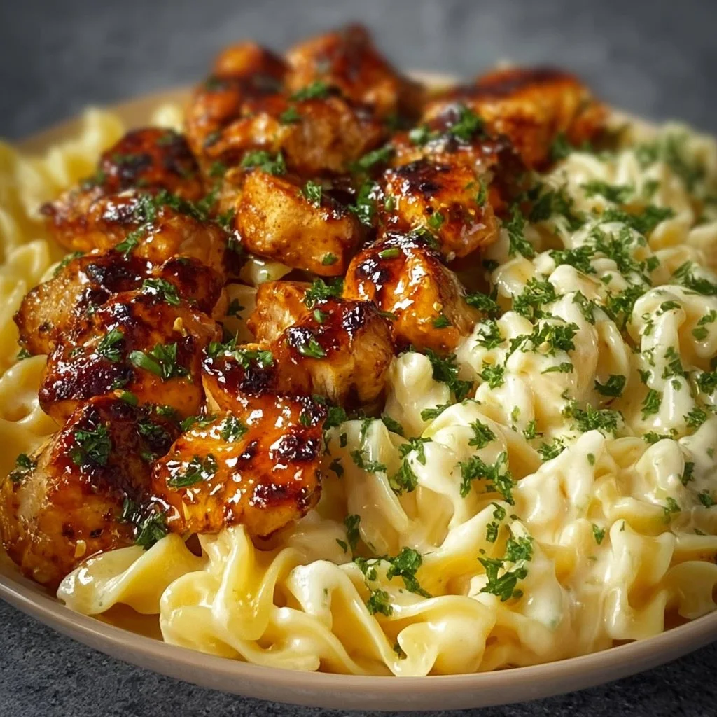 Delicious Lemon Garlic Butter Chicken served with creamy Parmesan pasta