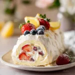 Delicious meringue roulade filled with cream and seasonal fruits