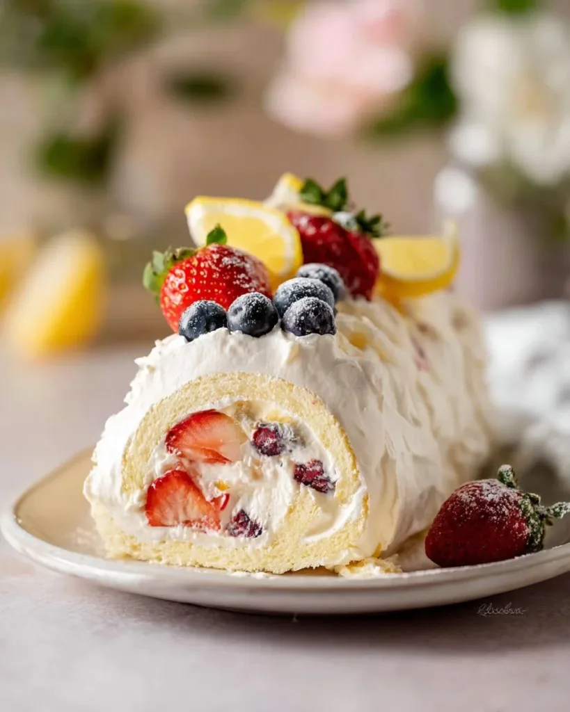 Delicious meringue roulade filled with cream and seasonal fruits