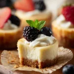 Delicious mini cheesecakes topped with fresh fruit and whipped cream