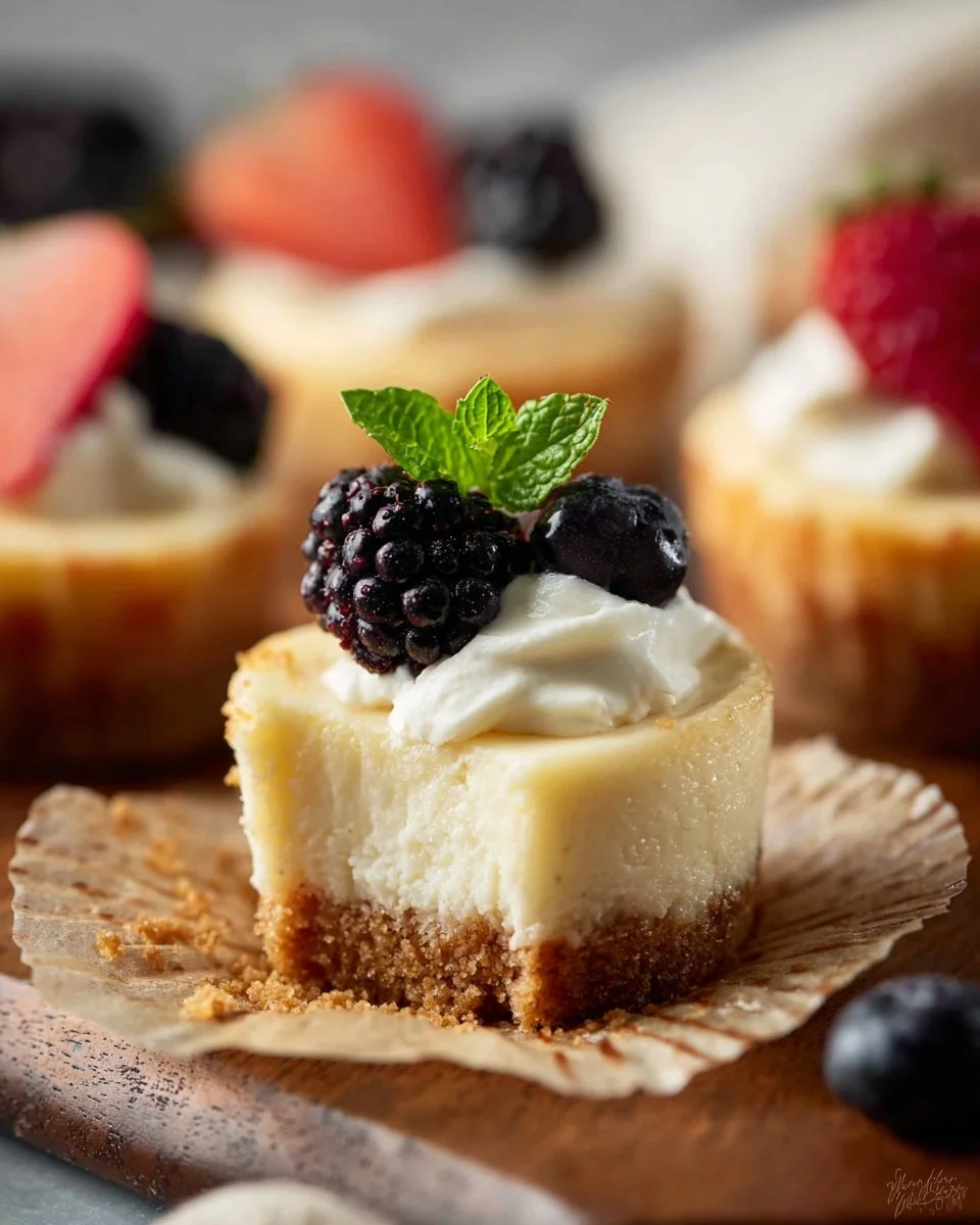 Delicious mini cheesecakes topped with fresh fruit and whipped cream