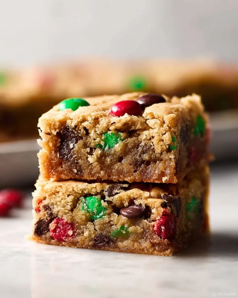 M&M Chocolate Chip Bars with chocolate chips and colorful M&M candies