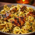 Mozzarella garlic butter chicken bowties served in cheesy cream sauce