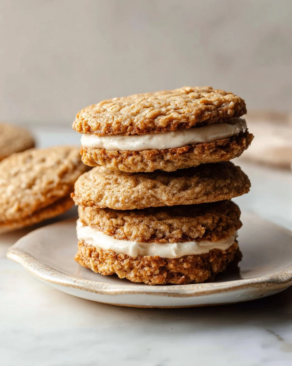 Homemade Oatmeal Cream Pies with creamy filling between soft cookies