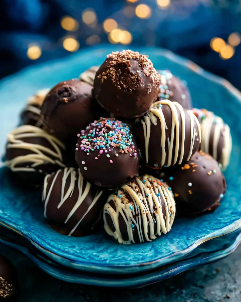 Delicious homemade Oreo Truffles coated in chocolate on a plate
