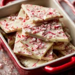 Delicious peppermint bark made with layers of dark and white chocolate topped with crushed candy canes.