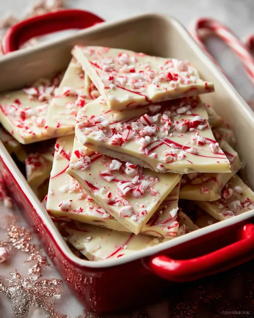 Delicious peppermint bark made with layers of dark and white chocolate topped with crushed candy canes.