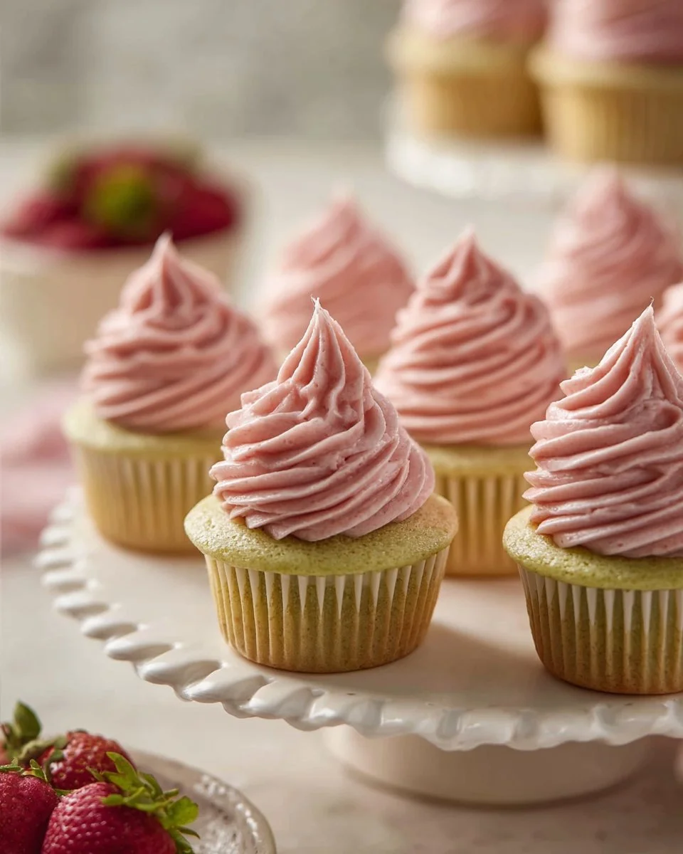 Delicious pistachio strawberry cupcakes with fresh strawberry topping