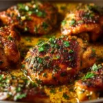 Delicious garlic butter chicken served with herbs and vegetables.