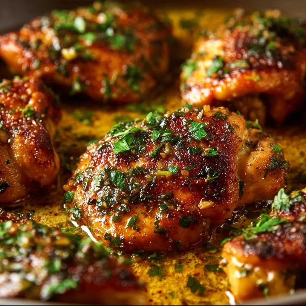 Delicious garlic butter chicken served with herbs and vegetables.