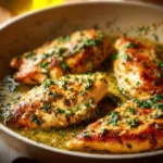 Delicious Quick Garlic Butter Chicken served with herbs and garlic sauce.