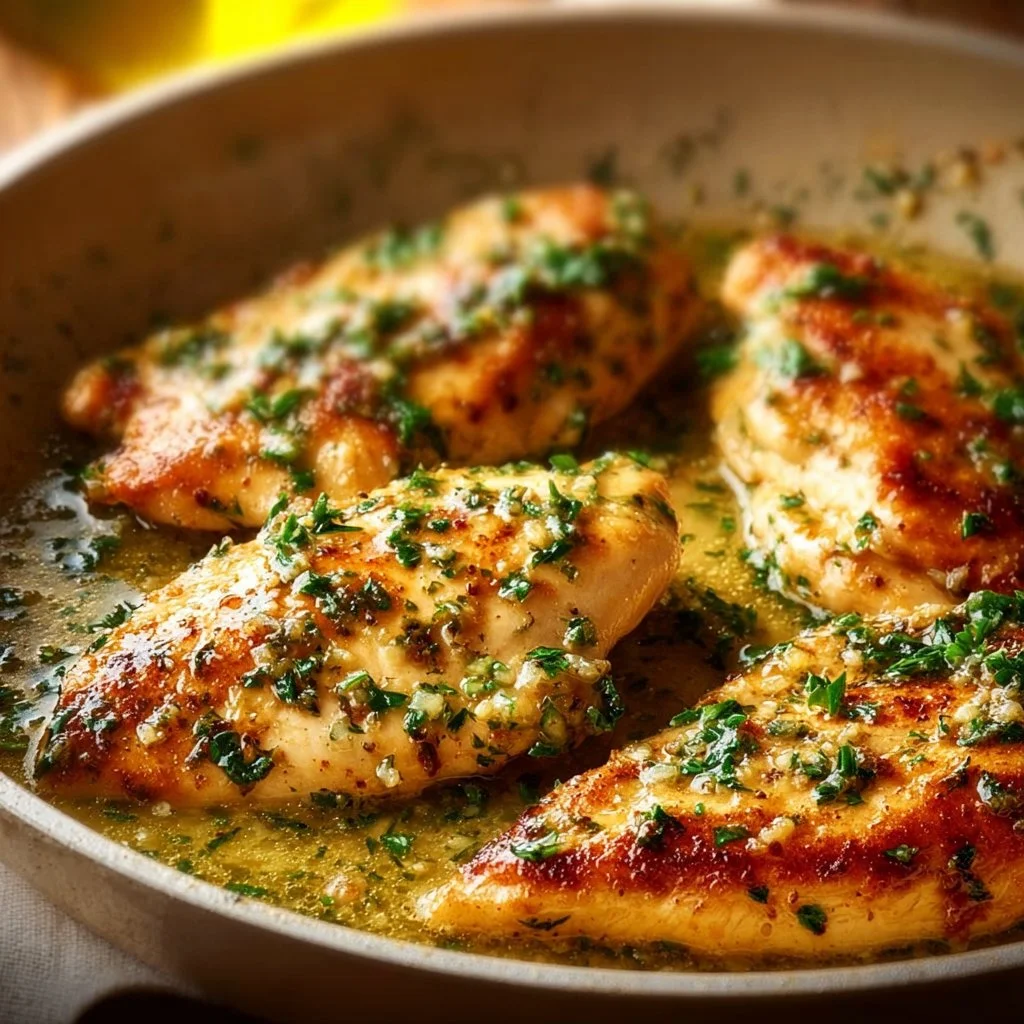 Delicious Quick Garlic Butter Chicken served with herbs and garlic sauce.