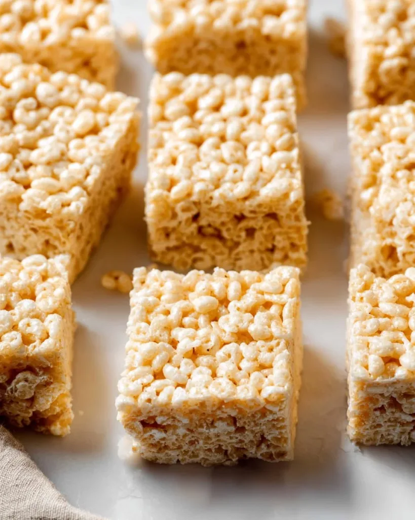 Delicious homemade Rice Krispie Treats made with marshmallows and crispy cereal.