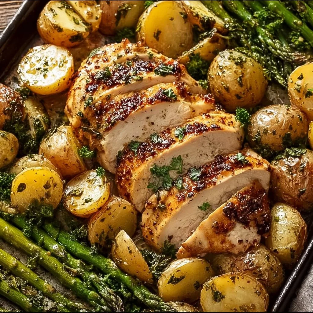 Delicious sheet pan garlic butter chicken with colorful veggies