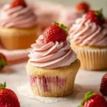 Strawberry cupcakes with strawberry buttercream icing on a plate
