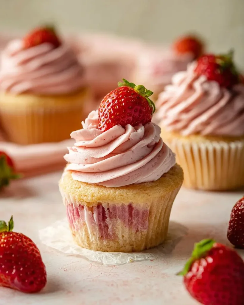 Strawberry cupcakes with strawberry buttercream icing on a plate