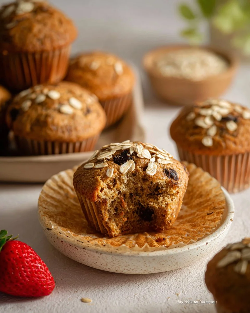 Freshly baked whole wheat oat muffins on a cooling rack
