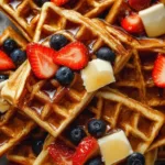 Healthy whole wheat waffles served with fresh fruits and syrup on a plate