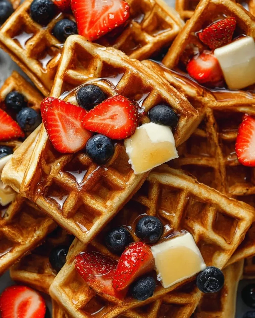 Healthy whole wheat waffles served with fresh fruits and syrup on a plate