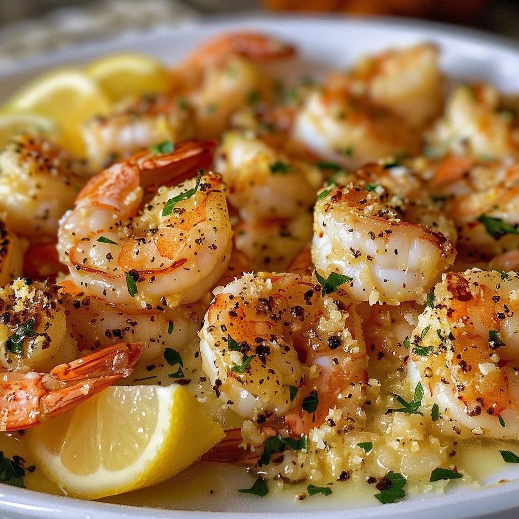 Delicious baked garlic parmesan shrimp served in a dish