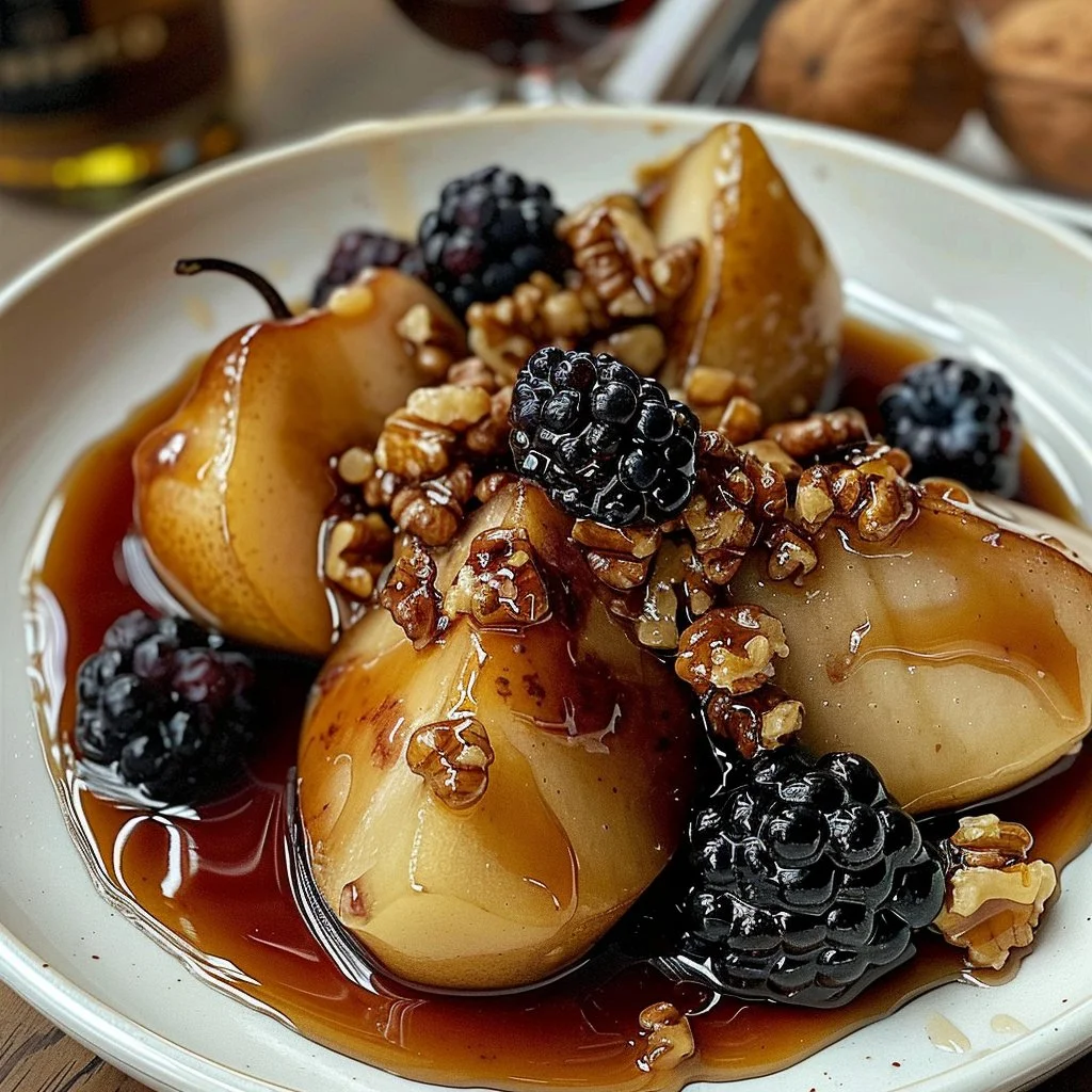 Baked pears drizzled with honey and topped with walnuts on a serving plate.