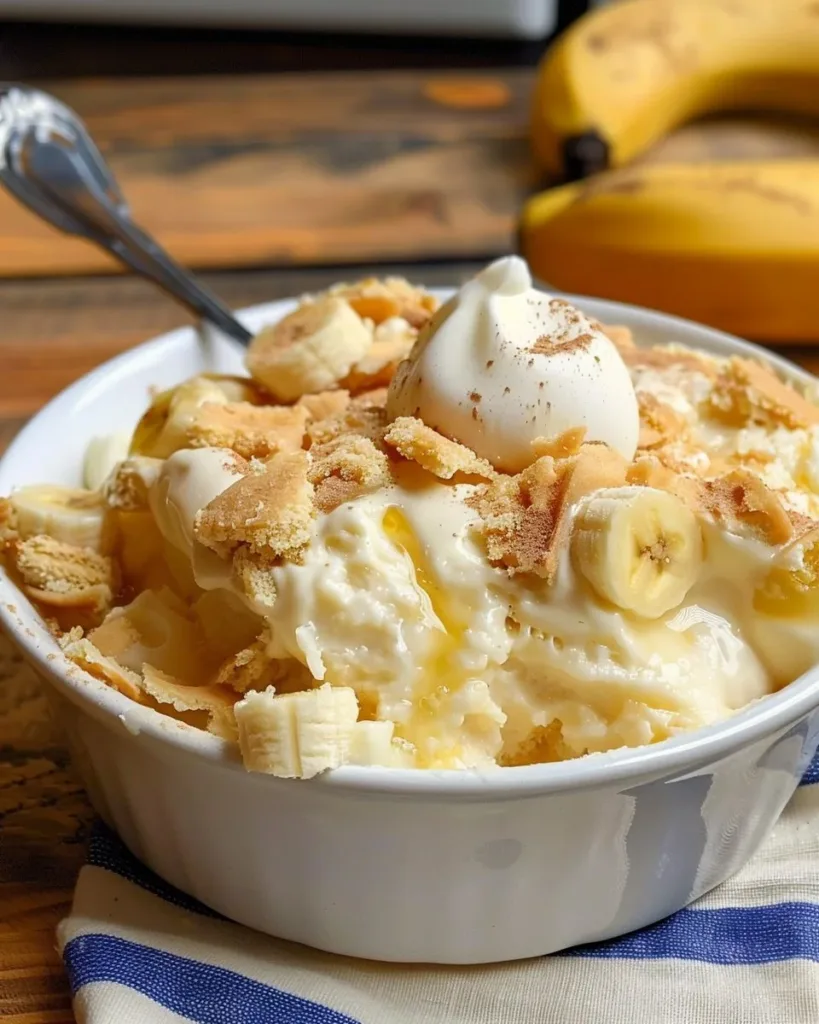 Delicious homemade banana pudding served in a glass with whipped cream topping.