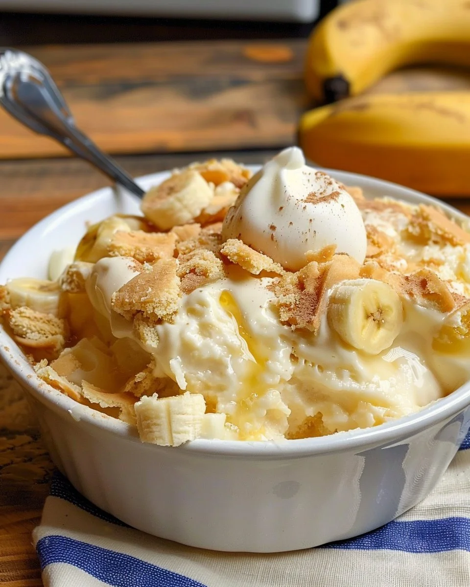 Delicious homemade banana pudding served in a glass with whipped cream topping.