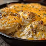 Biscuits gravy hashbrown bake topped with creamy gravy and crispy hashbrowns