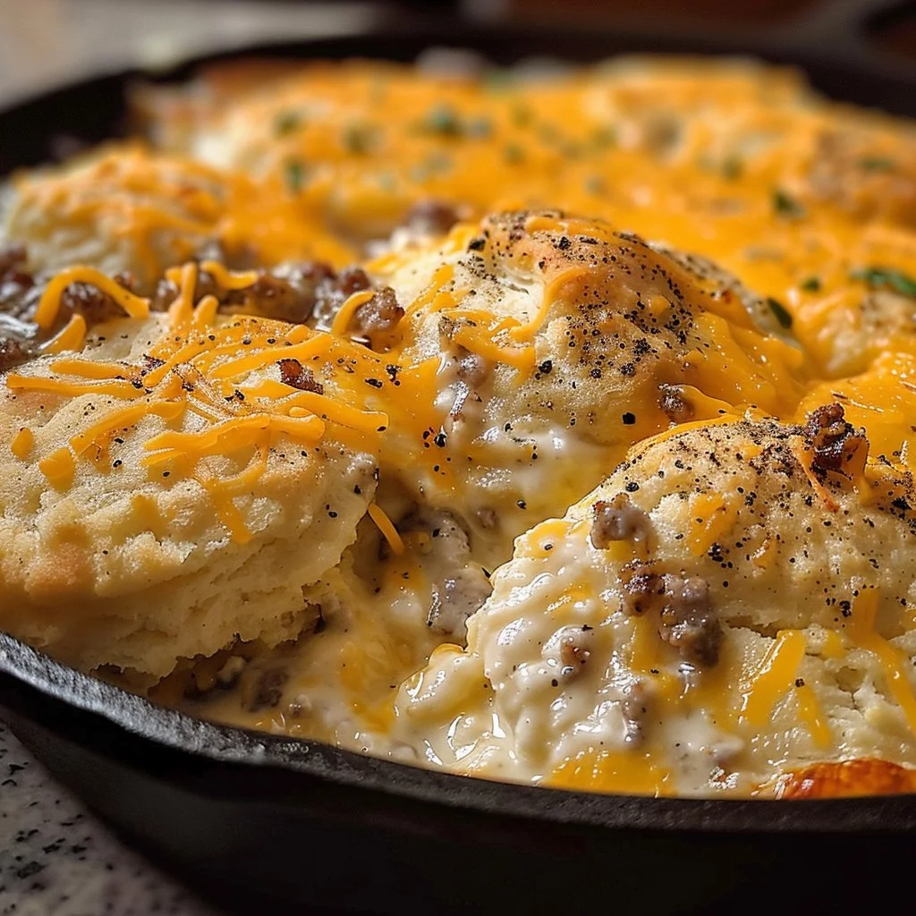 Biscuits gravy hashbrown bake topped with creamy gravy and crispy hashbrowns